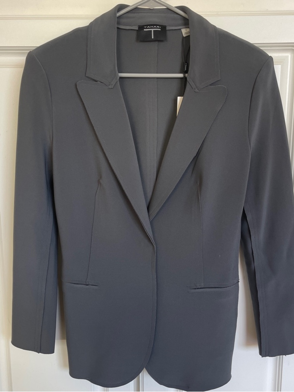 Tahari Charcoal Gray Longline Notch Lapel Blazer